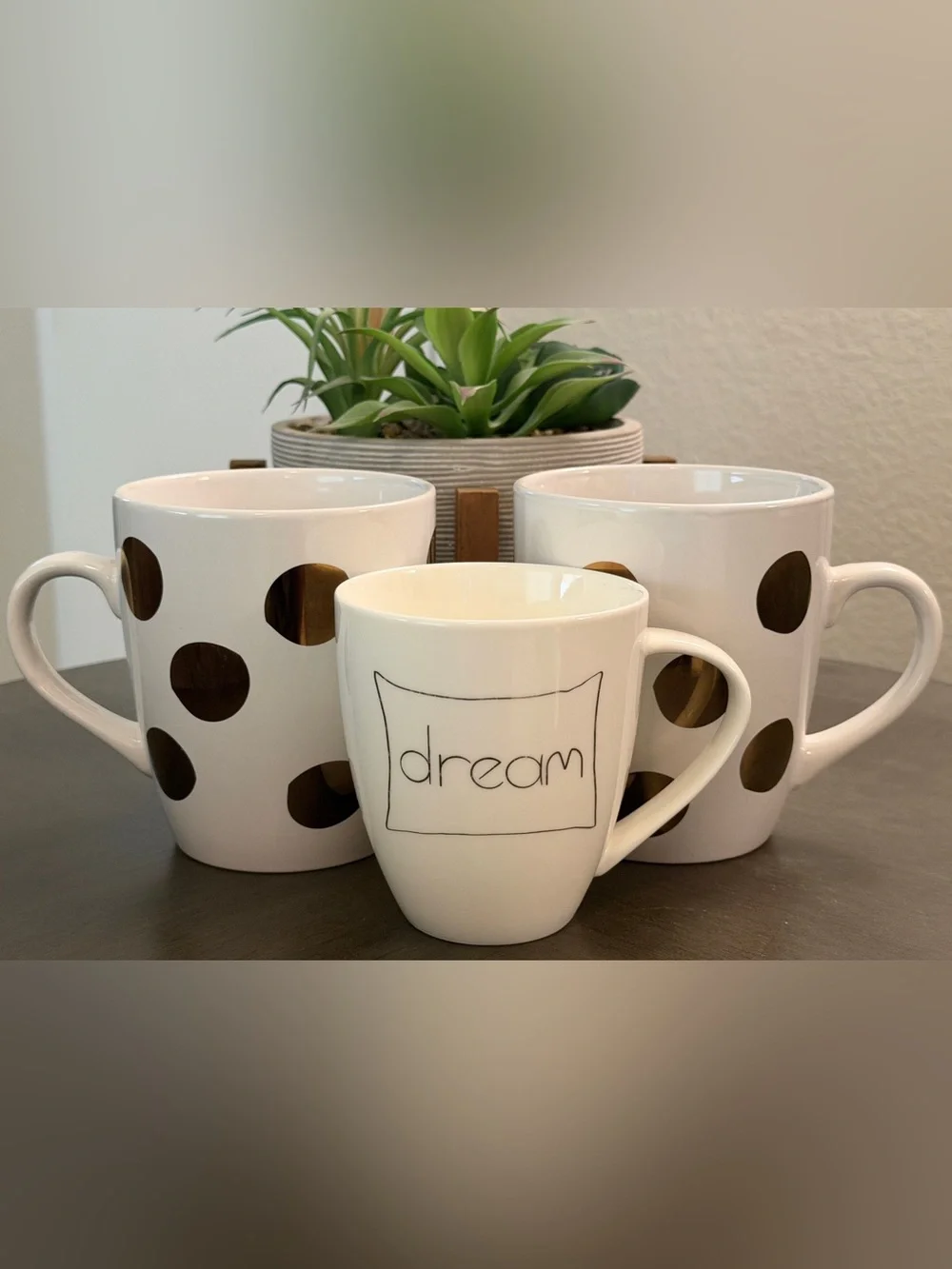 Set of 3 Mugs~ 2 XL Gold Polkadot Mugs & 1 M Dream Mug